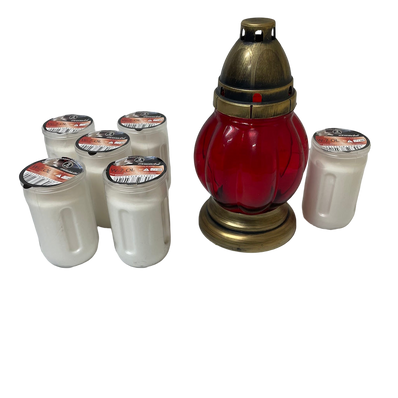 Lanterne funéraire rouge 20 cm + 6 bougies