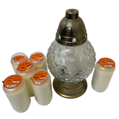 Lanterne funéraire ronde élégance 31 cm + 6 bougies