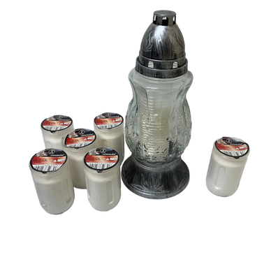 Lanterne funéraire moulage feuilles 27 cm + 6 bougies